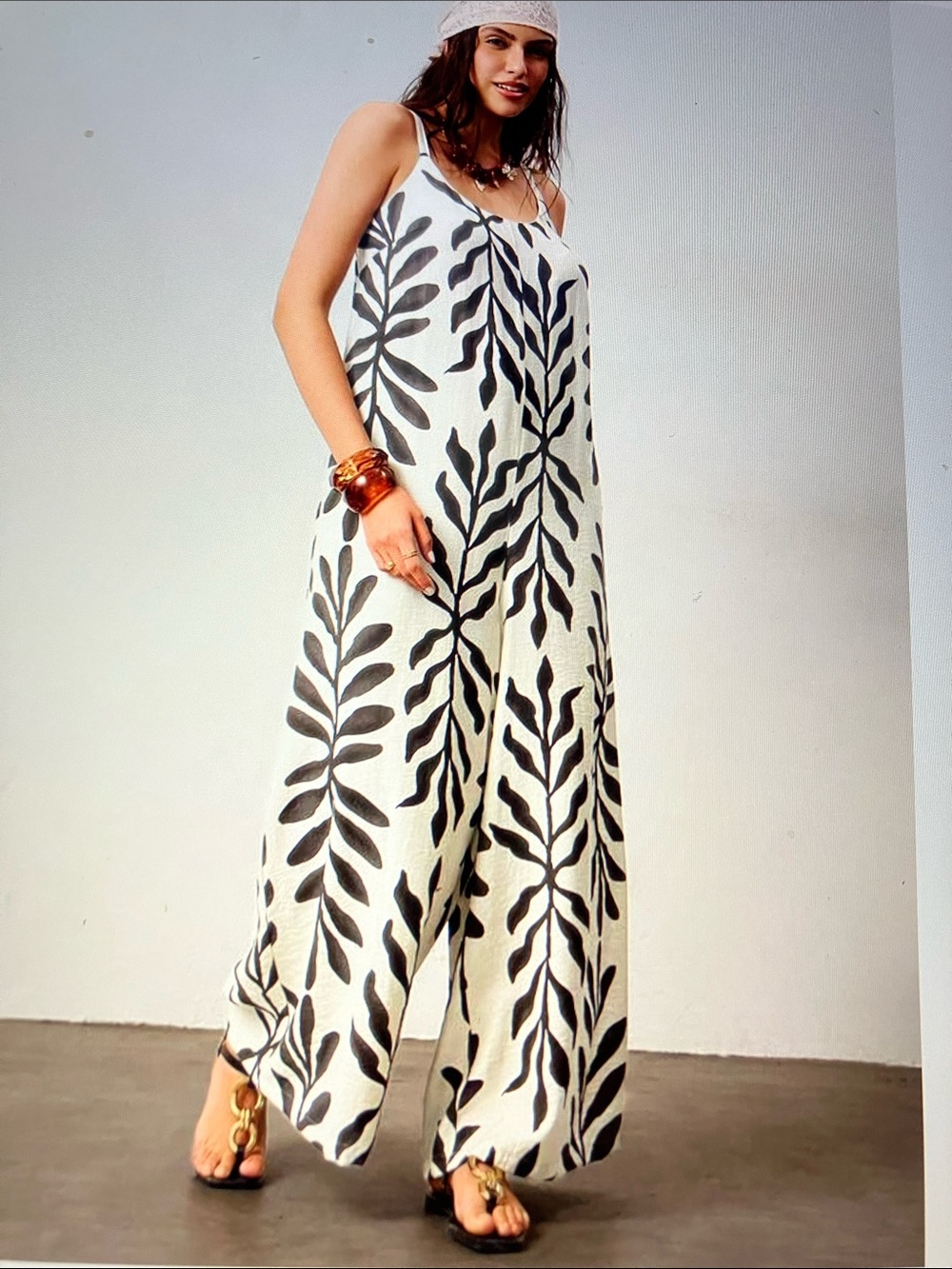 Harlow rose Women's Cream Wide-Leg Jumpsuit with Black Leaf Print